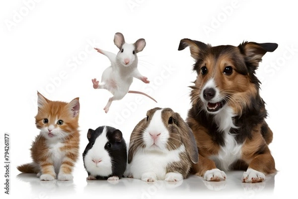 Fototapeta Colorful group of playful animals against white background kitten, guinea pig, rabbit, dog, mouse