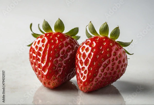 Fototapeta two strawberries on a white background close up fresh fruit