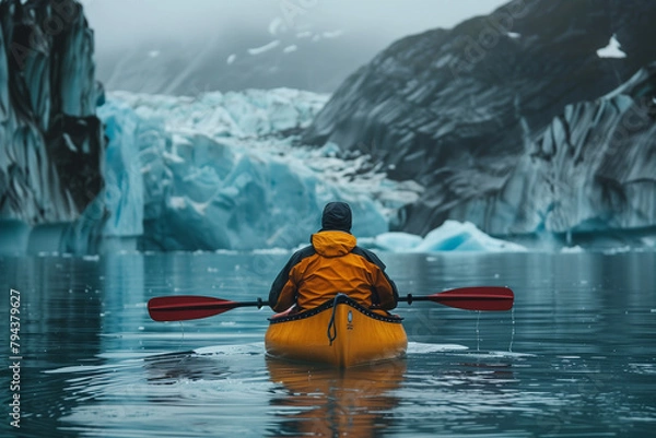 Fototapeta Canoeing in glacial water, the river near mountains 