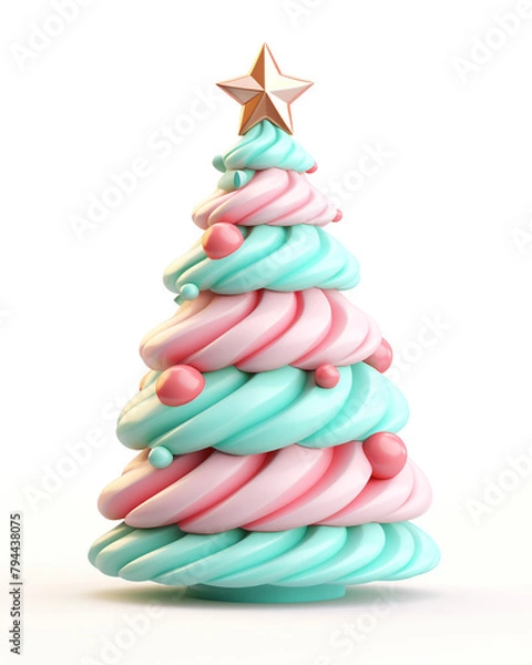 Fototapeta 3D Christmas tree, children's cartoon style, soft pastel colors, on a white background сreated with Generative Ai