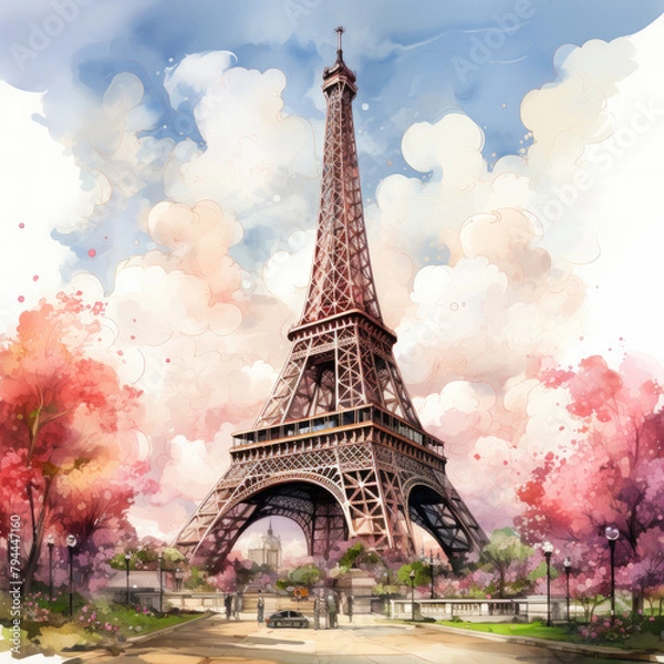 Fototapeta Watercolor Eiffel tower, clipart Illustration, Generative Ai