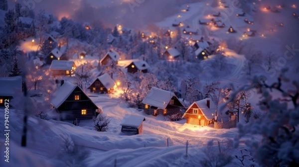 Fototapeta Snow-covered houses illuminated at night in a picturesque mountain village.