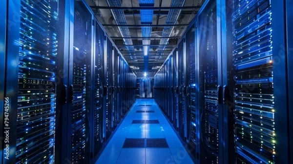 Fototapeta Multiple server racks neatly organized in rows in a high-capacity data storage facility