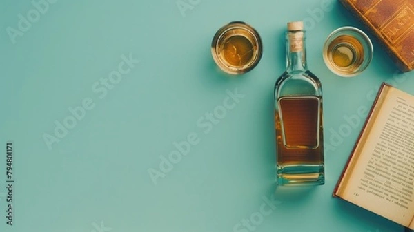 Fototapeta Bottle and glasses of whiskey with book on blue background