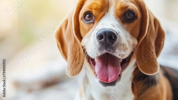 Fototapeta   A tight shot of a dog's expression with its tongue extended