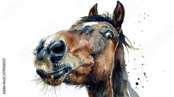 Fototapeta Portrait of funny foal yawning, watercolor drawing