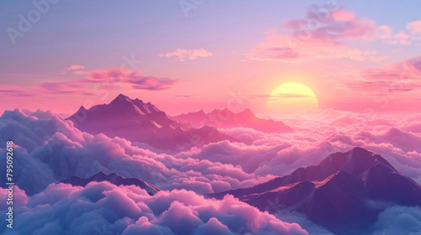 Fototapeta A dreamlike landscape with pink clouds enveloping sharp mountain peaks during a surreal sunset.