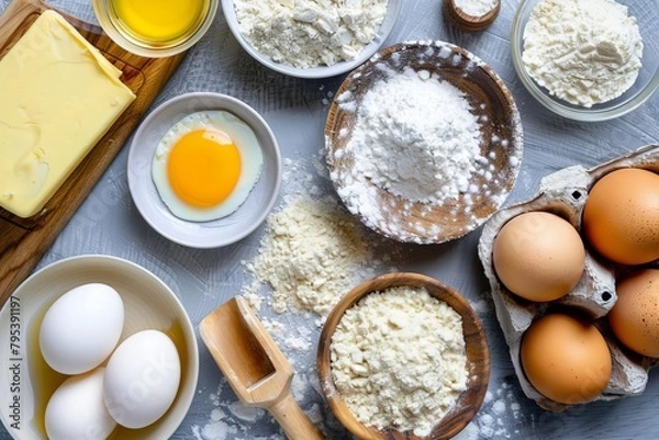 Fototapeta ingredients for baking arranged on table flour eggs sugar butter food photography cooking concept