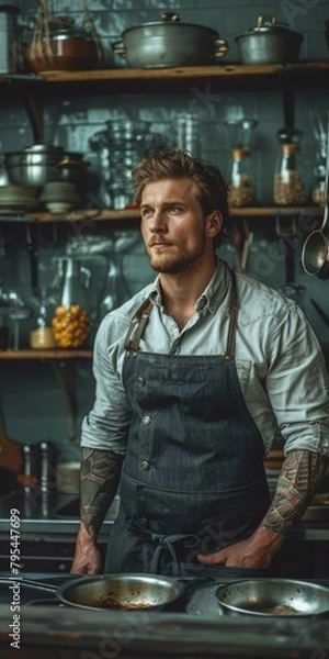 Fototapeta b'Portrait of a male chef in a commercial kitchen'