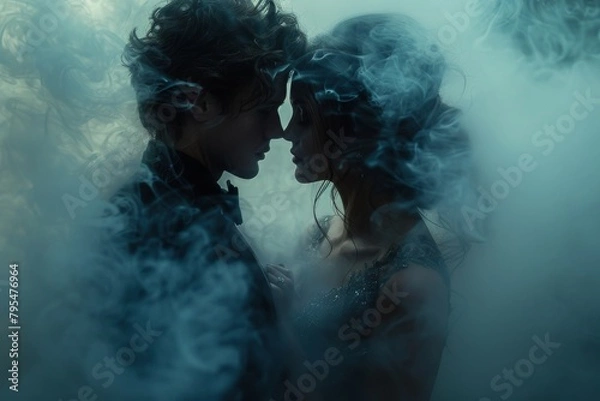 Fototapeta Two ethereal figures lost in a dance, surrounded by a dreamy, surreal smoke, showcasing elegance and mystery