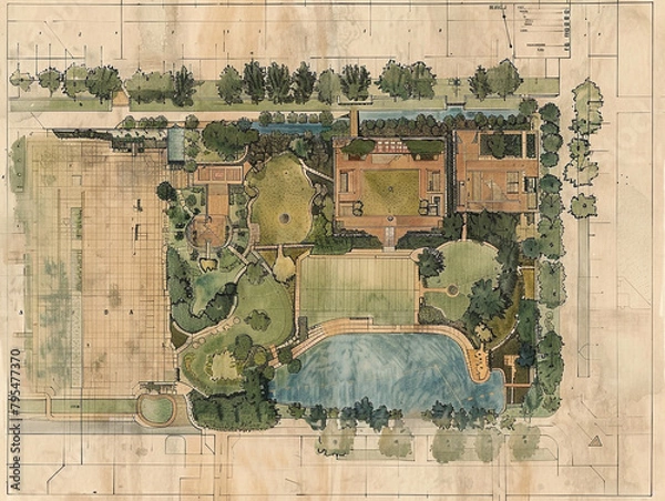 Fototapeta An old sketch-style landscape plan for an urban park featuring two main entrances leading into distinct squares from different points. The park is designed on a rectangular plot surrounded by lush pla