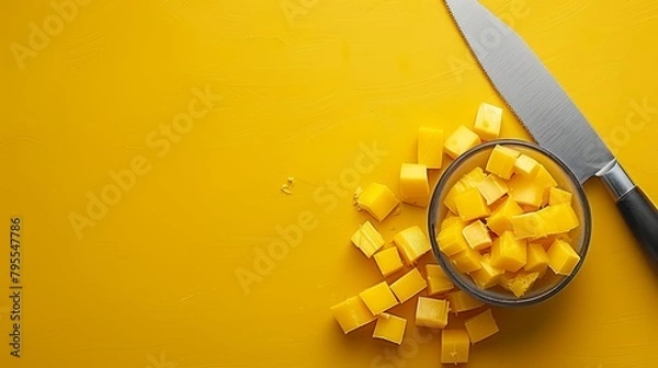 Fototapeta   A knife rests atop a cutting board, adjacent to a mound of cut cheese cubes against a sunny yellow surface