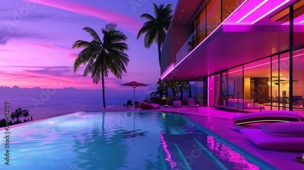 Fototapeta Ultra Modern Villa with Neon Accents, Infinity Pool Overlooking the Ocean, Luxurious Design