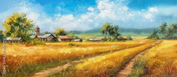 Fototapeta Old village or country landscape oil painting. Beautiful landscape. Mill, wheat field, village. Oil paintings. Fine art, paint.