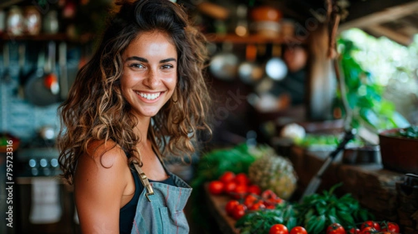 Fototapeta Woman Standing in Front of Tomatoes. Generative AI