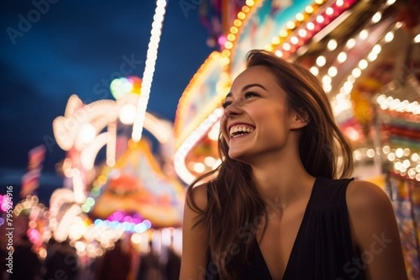 Fototapeta A Joyful Young Woman Smiling Radiantly as She Poses for a Portrait in Front of a Bustling Carnival Scene with Colorful Rides and Festive Lights Twinkling in the Dusk