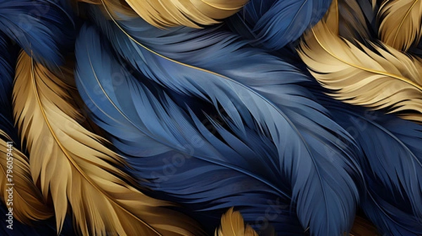 Fototapeta Art wallpaper with golden and blue feathers