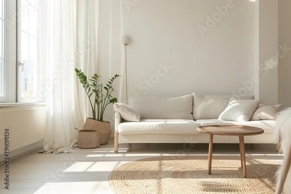 Fototapeta Bright living room with a cozy white sofa, round wooden coffee table, and green plants.