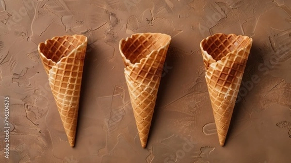 Fototapeta Three empty ice cream cones on a textured brown background, viewed from above.