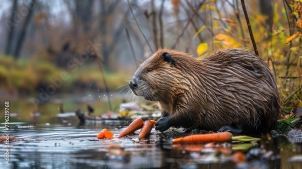 Fototapeta Female Beaver Nibbling on Red Carrot by Riverside. Wildlife Animal Eating Behavior