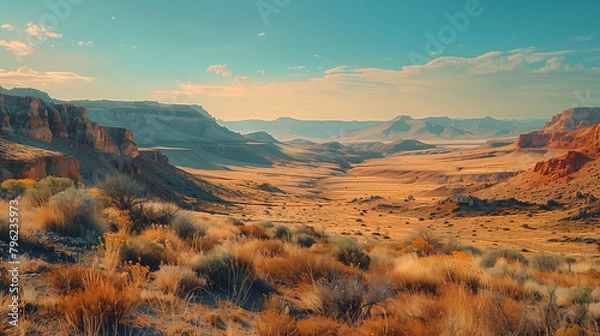 Fototapeta A desert landscape with a few trees and a few rocks