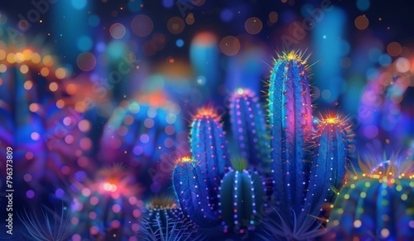 Fototapeta Ilustración cactus iluminados con luces de colores vibrantes