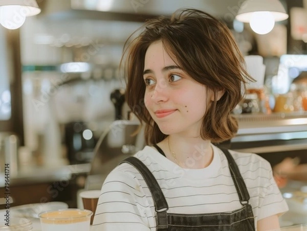 Fototapeta Woman with tousled bob haircut smiling subtly in a coffee shop environment