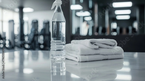 Fototapeta Close-up of a bottle of water and towel on the table in the fitness room