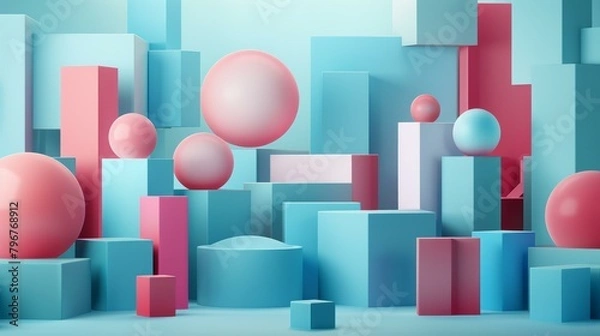 Fototapeta b'Pink and blue pastel geometric shapes composition'