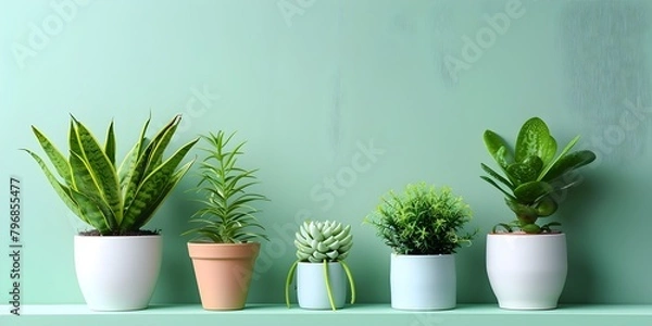 Fototapeta Variety of decorative indoor potted plants to enhance wellness and lifestyle