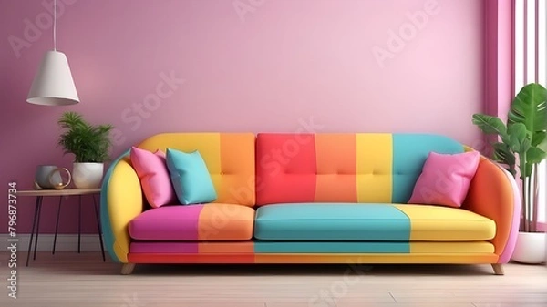 Fototapeta Vibrant sofa, contemporary interior design, 3D model, 3D depiction