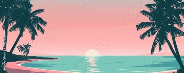 Fototapeta Flat design illustration of a beach with palm trees, a pink sky and a turquoise sea Generative AI