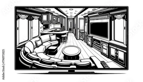 Obraz This widescreen minimalistic black and white doodle illustration presents a luxury RV interior design plan that epitomizes elegance and sophistication in mobile living.