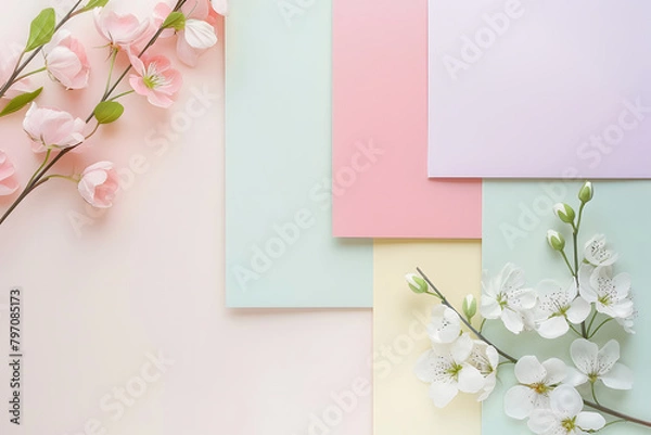 Fototapeta Stylish elegant flat lay pastel colors floristic greeting invitation post card, copy space mockup.