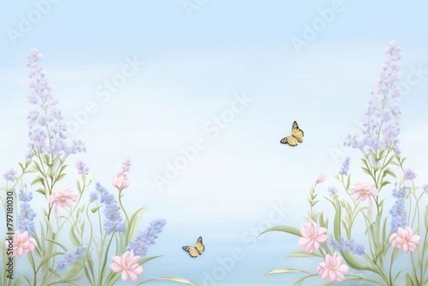 Fototapeta Painting of lavender flowers border backgrounds butterfly outdoors.