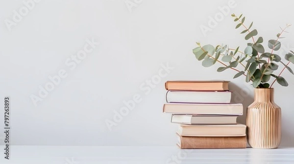 Fototapeta A minimalist design with a white background, an empty desk holding a stack of books, and a vase of eucalyptus leaves. For Design, Background, Cover, Poster, Banner, PPT, KV design, Wallpaper