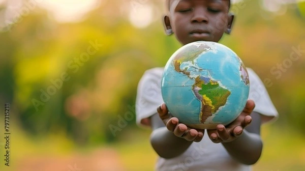 Fototapeta Little african boy holding a globe in the park on a sunny day