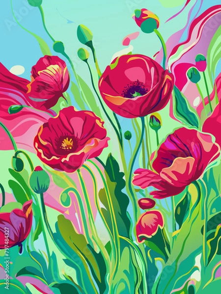 Fototapeta Vibrant Floral Fantasy: Abstract Red Poppies on Teal Background