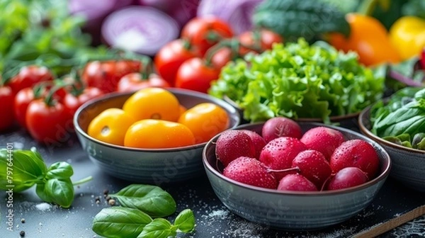 Fototapeta Table With Bowls of Various Vegetables. Generative AI