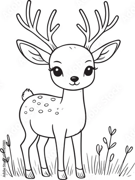 Fototapeta Deer, cute cartoon character, line drawing and colorful coloring page.