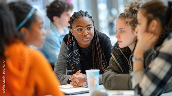 Fototapeta Diverse young people in thoughtful discussion at an International Youth Day event. International Youth Day