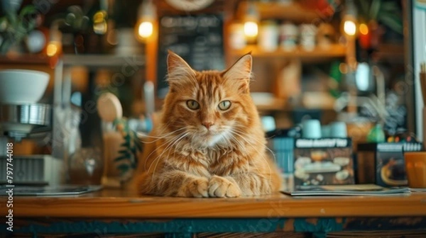 Fototapeta kitten with bright eyes playfully investigates a restaurant table