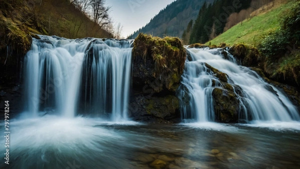 Fototapeta Landscape with river and forest with green trees. Silky crystal water and long exposure. Ordesa Pyrenees.
