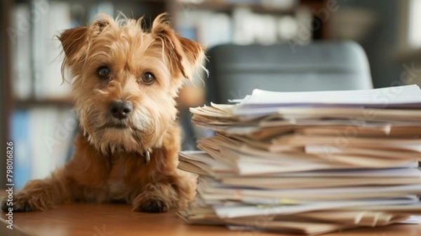 Fototapeta Documenting Pet Travel: Cute dog sits beside a table piled high with stacks of documents, concept of pet documentation and animal transportation logistics.