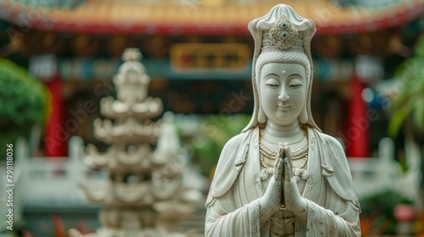 Fototapeta b'White marble statue of a bodhisattva with hands clasped in prayer'