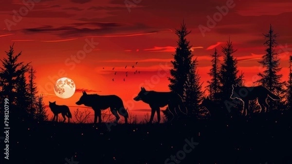 Fototapeta Wolf silhouettes howling under the moonlight in a dense forest setting, capturing the mystique of nature's beauty and wilderness