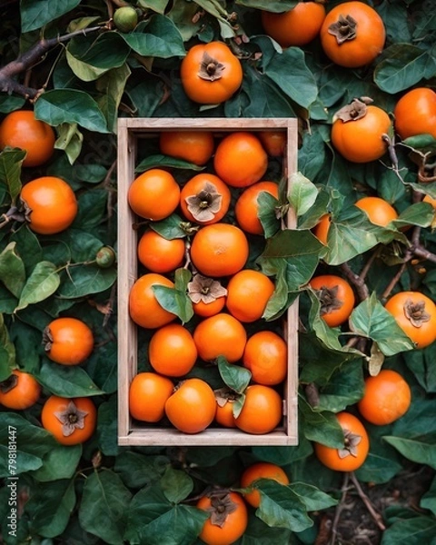 Fototapeta Persimmons in wooden crate, blurred plantation background. Crate of persimmons at local sustainable farmers market.