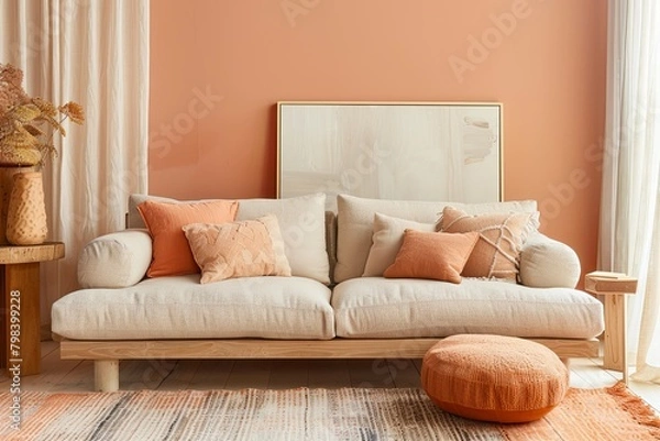 Fototapeta Inviting Home Interior: Wooden Accents, Cozy Beige Sofa, Soft Cushions & Peach-Colored Lounge