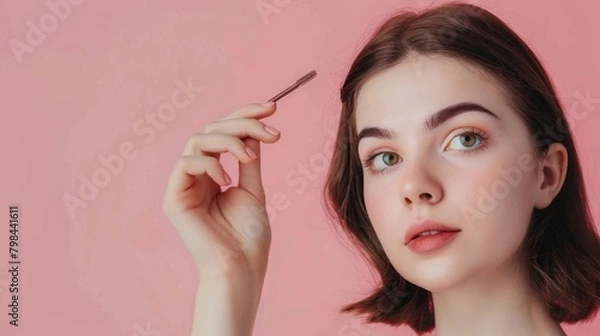 Fototapeta Young female applying eyebrow pencil for beauty fashion style isolated background