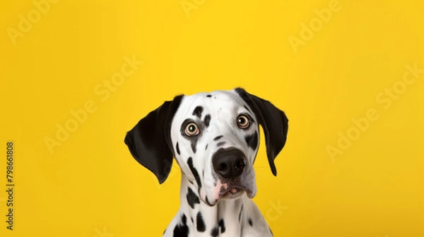 Fototapeta Portrait of a Dalmatian with a surprised expression, looking into the camera isolated a yellow background, generative AI